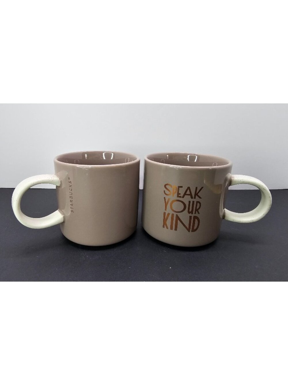 Starbucks Speak Your Kind Coffee Mug Cup 2017 Taupe Brown 3.5" Tall Set of 2